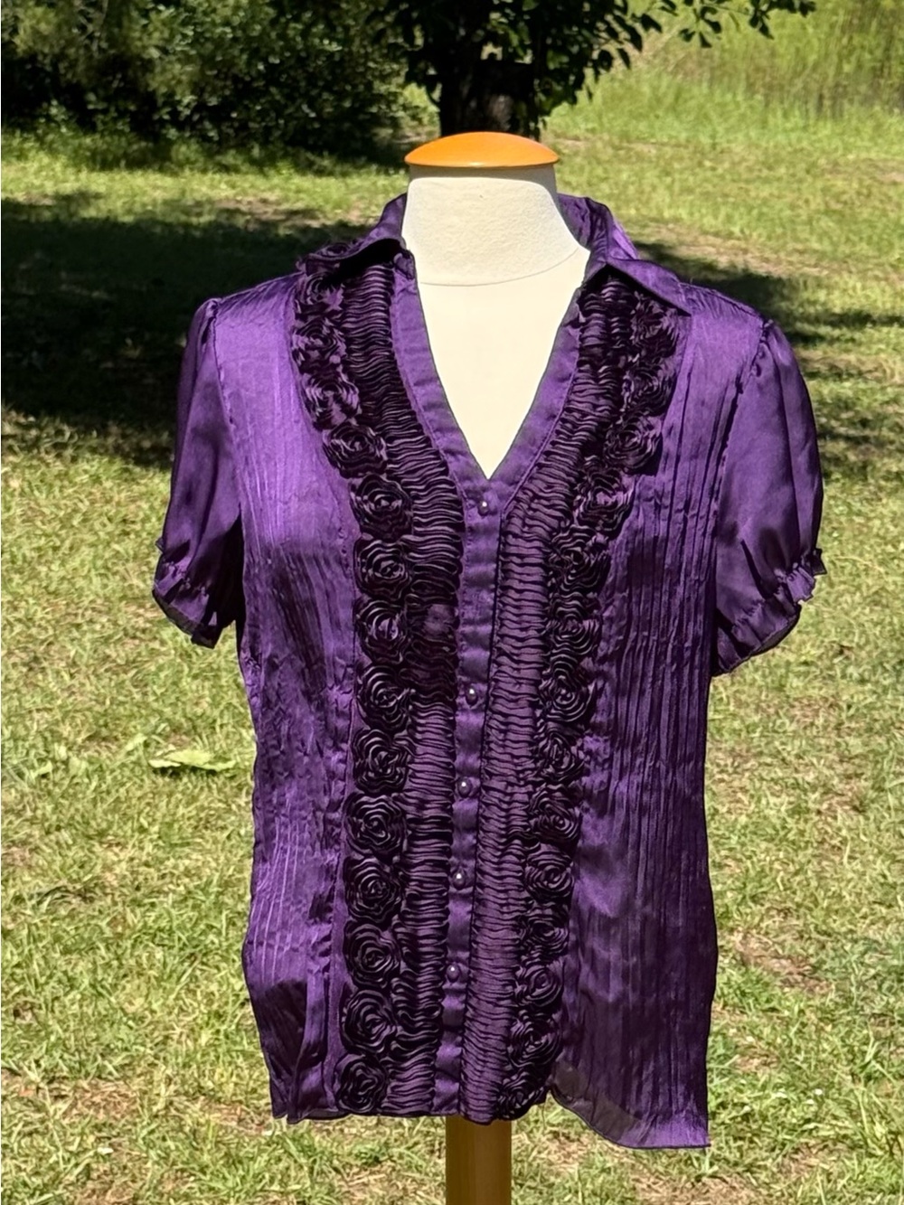 Dress Barn Purple Satin Rosette Ruffled Blouse Size Medium